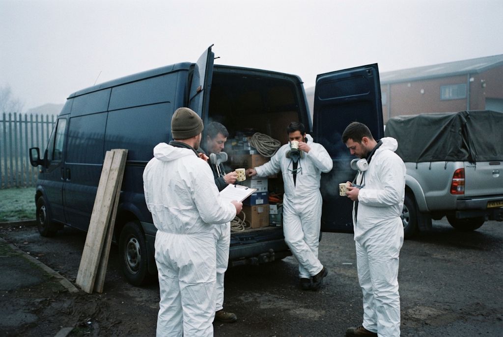 Team briefing beside a van before work