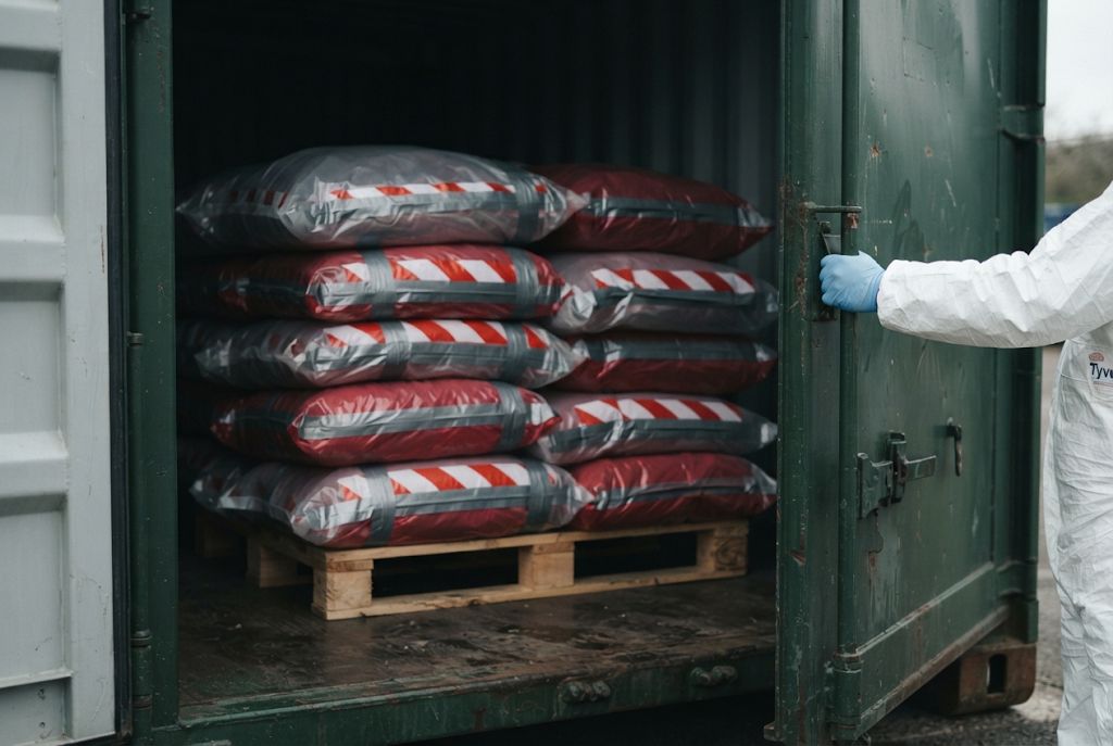 Red and white striped asbestos waste bags stacked on a pallet inside a secure container