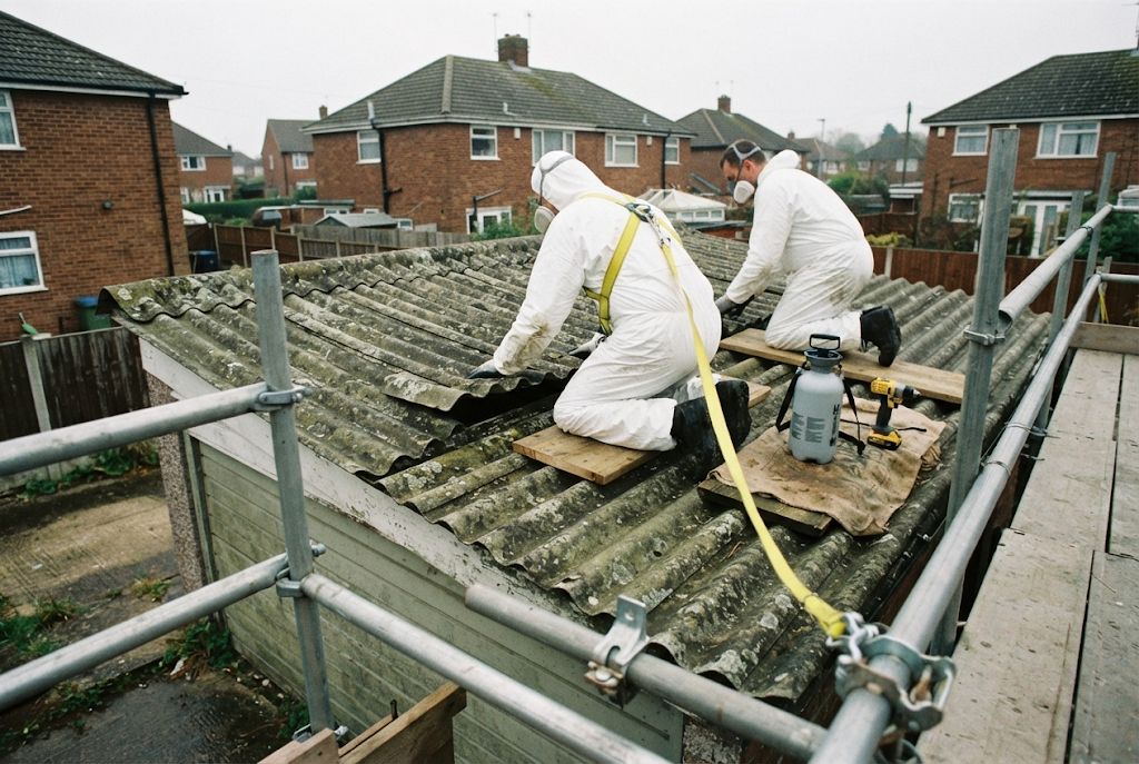 Operatives on crawler boards over an old roof