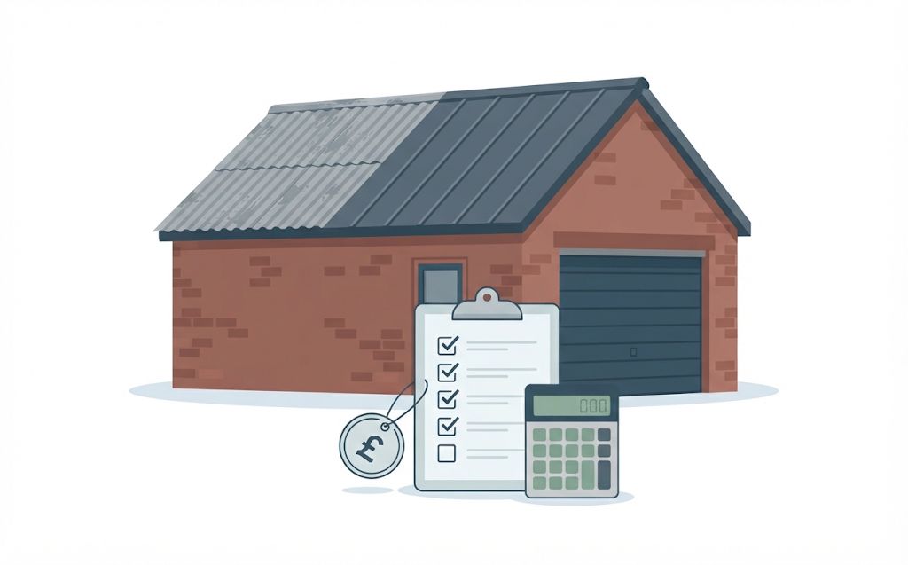 Illustration of a garage with an old roof, a checklist and a calculator