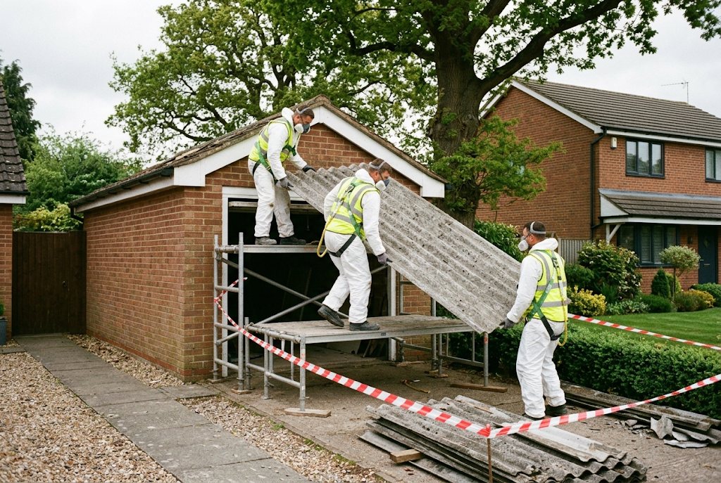 Trained operatives removing an old asbestos cement garage roof from a scaffold