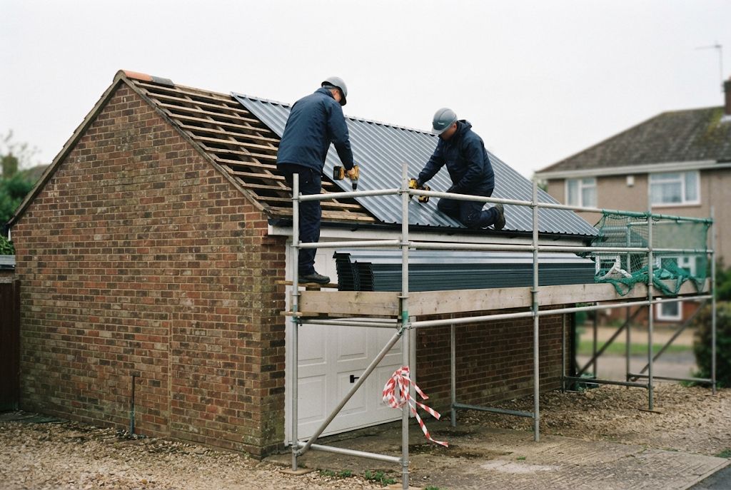 Roofers fitting a new steel roof on a garage