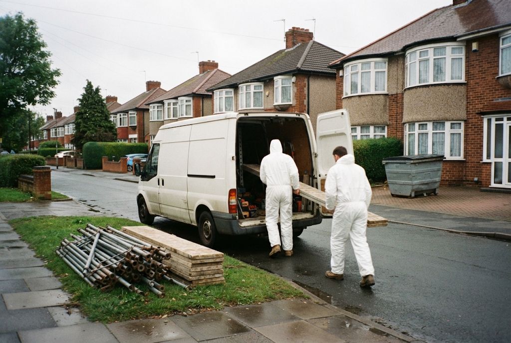 Crew unloading equipment on a residential street
